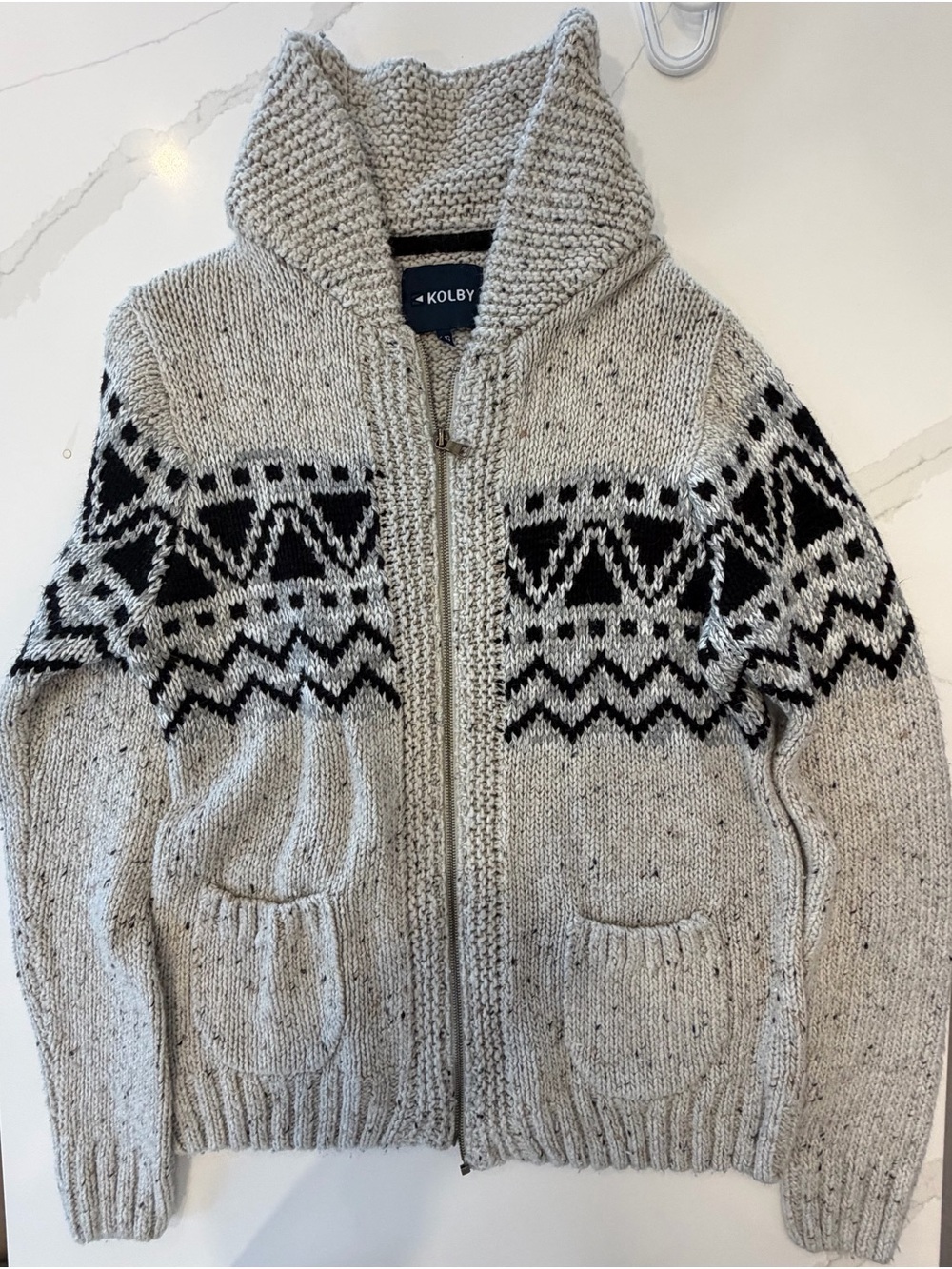 Men’s Grey Zip-Up Shawl Collar Sweater with Black Pattern